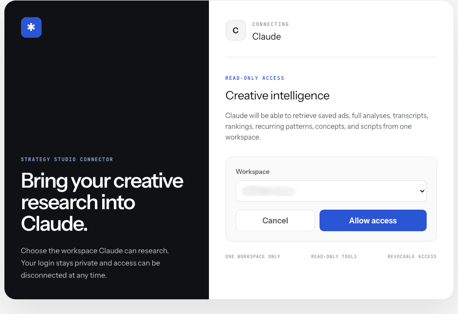 OAuth consent screen granting Claude read-only access to a single workspace